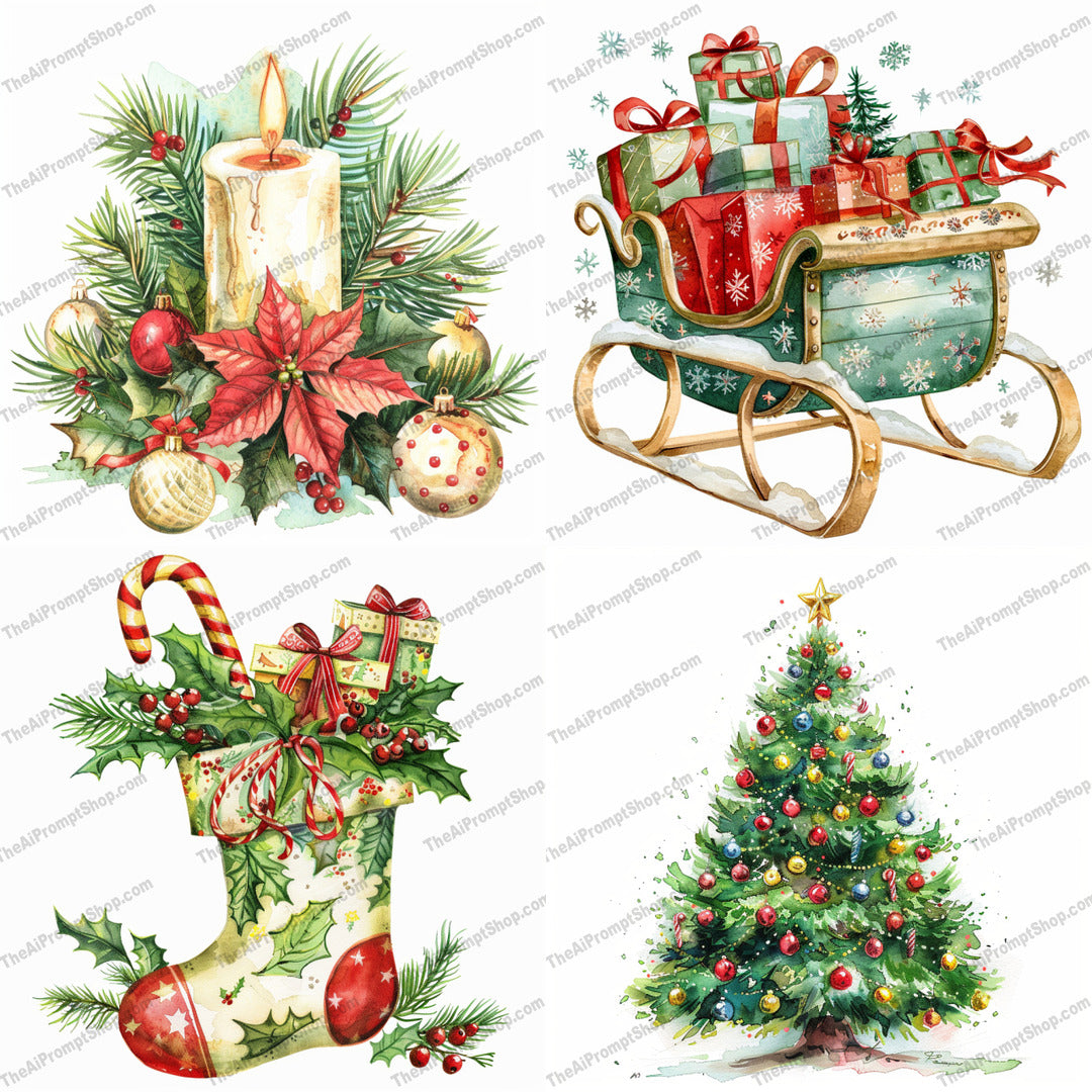 Vintage Christmas Watercolor AI MidJourney Image Prompt, 8391Ai, Ai Image Prompt, artwork, candle, charm, Christmas, classic, decorations, elegant, evergreen, festive, foliage, gifts, holiday, Holidays, Image Prompt, midjourney, nostalgic, ornaments, Prompt, sleigh, stocking, tradition, tree, vintage, warmth, watercolor