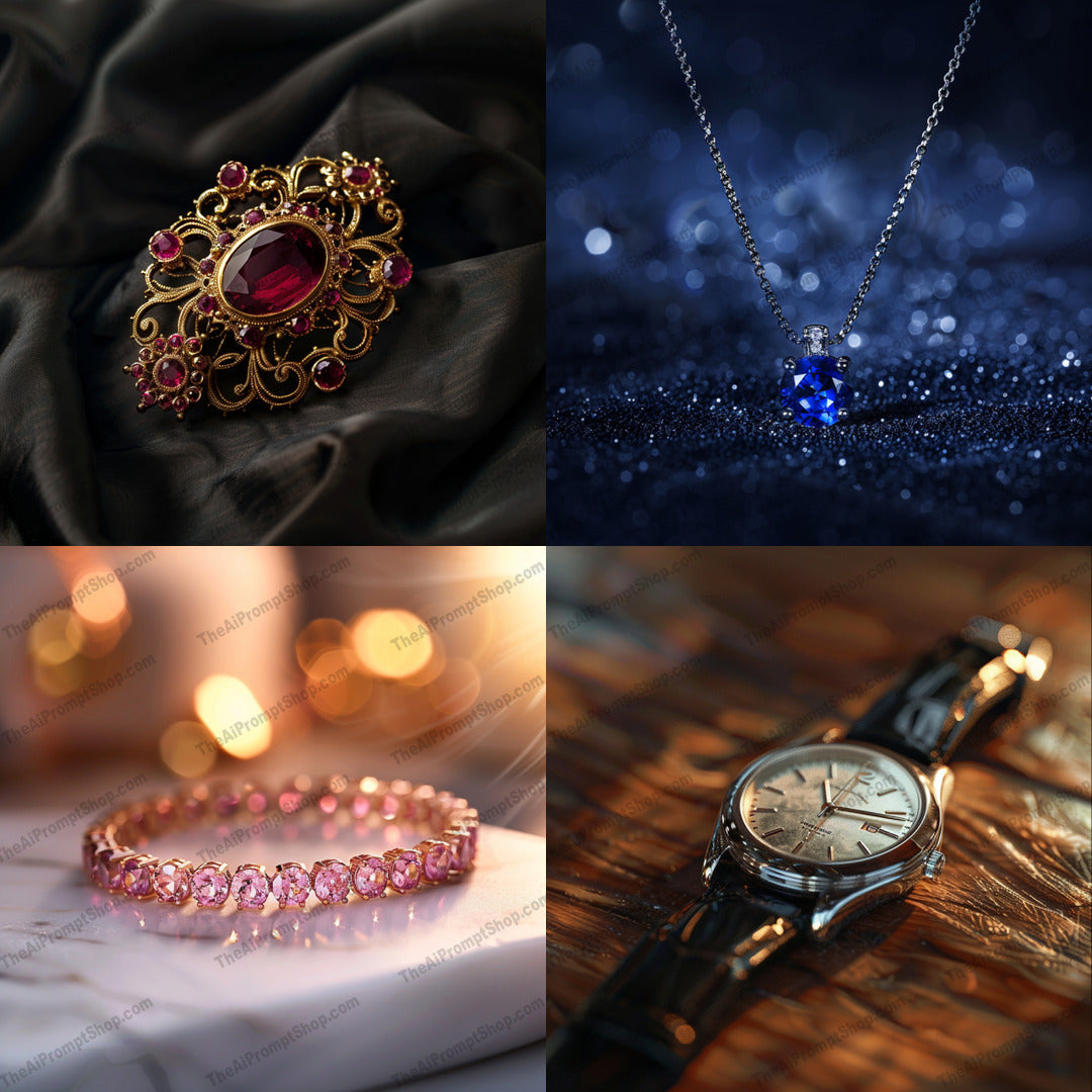 Elegant Jewelry and Watch AI MidJourney Image Prompt, 8396accessories, Ai, Ai Image Prompt, bracelet, brooch, craftsmanship, elegant, exclusive accessories, fashion, fine jewelry, gems, gemstone, Image Prompt, jewelry, luxurious jewelry, luxury, midjourney, Mockups - Products, necklace, opulence, premium watch, Prompt, sophistication, style, timeless, watch