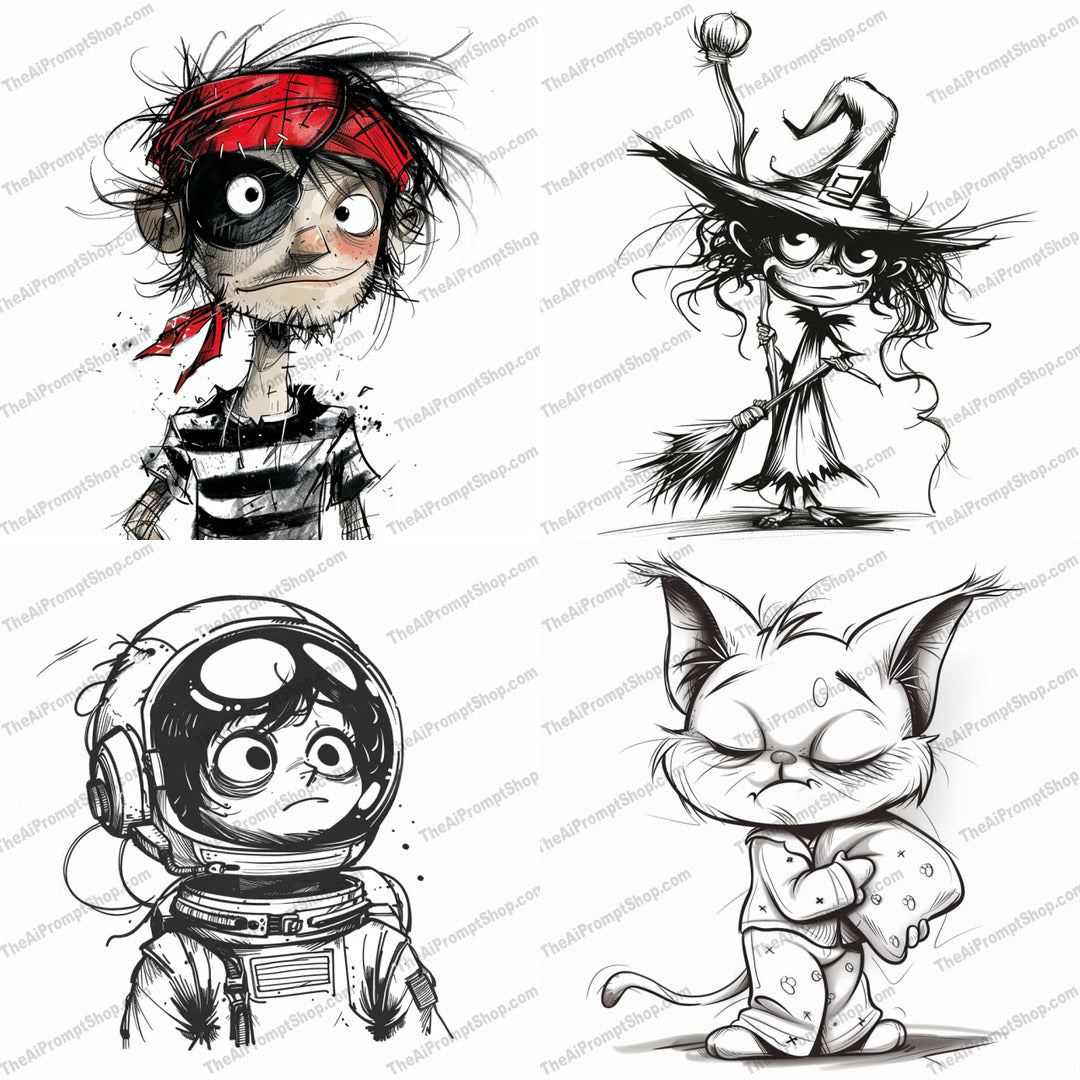 Whimsical Character Sketches AI MidJourney Image Prompt, 8401Ai, Ai Image Prompt, art, character, Character Art, dark humor, endearing, exaggerated, expressions, expressive, fantasy, figures, Image Prompt, intricate, line work, midjourney, minimal coloration, personalities, playful, Prompt, quirky, sketches, stylized, surrealism, unique, whimsical