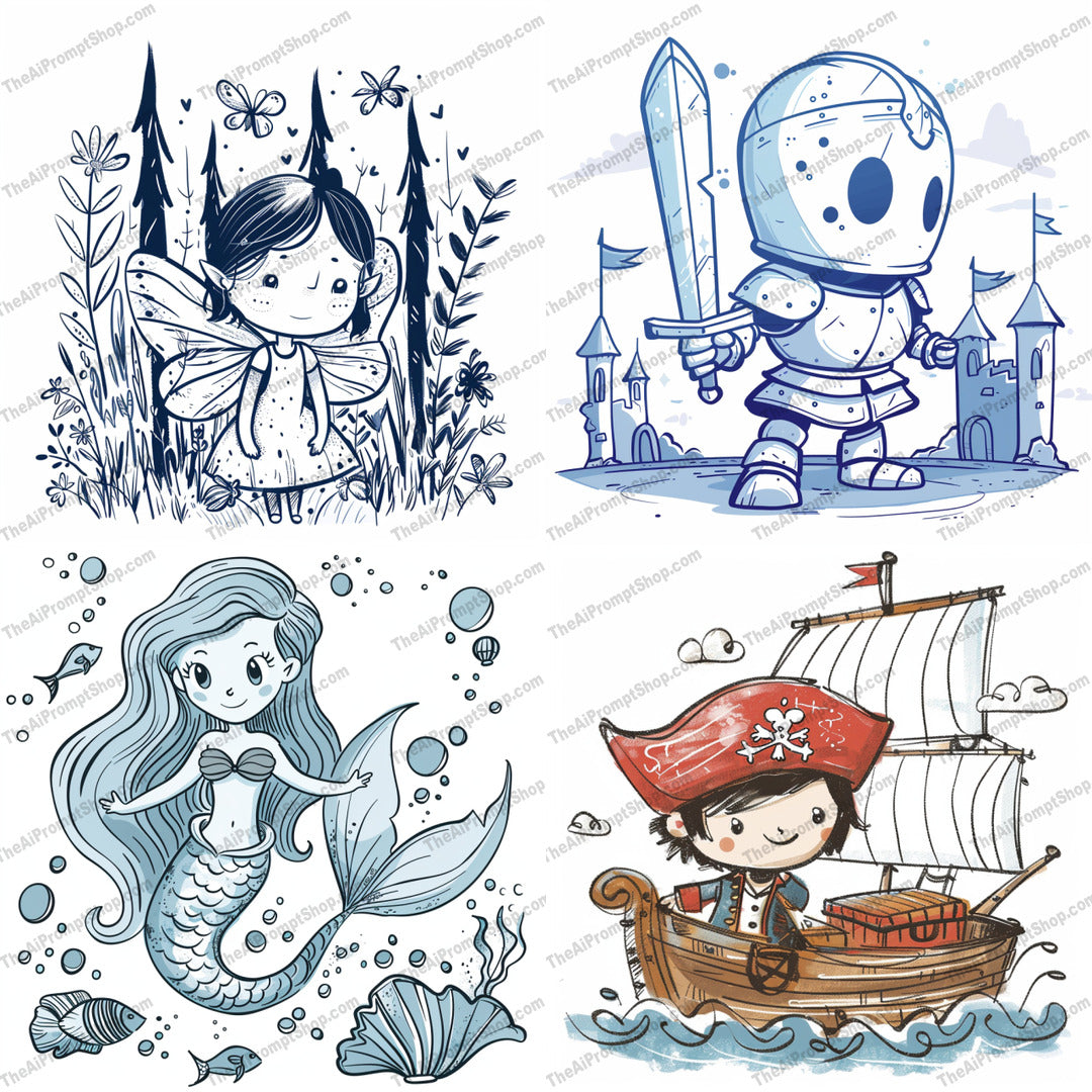 Whimsical fantasy illustrations created from an AI image prompt.