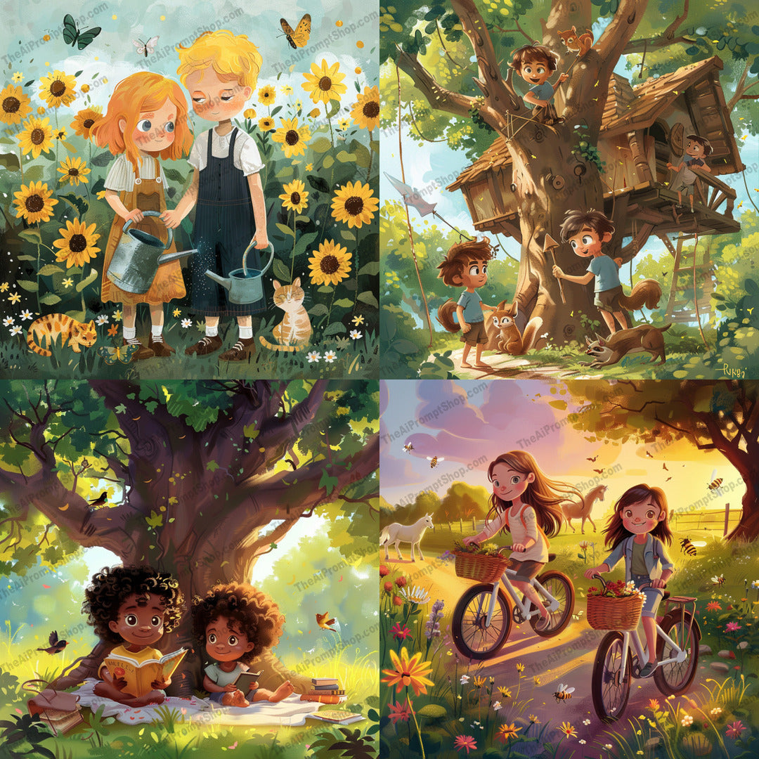 Whimsical childhood adventures illustration in a colorful style created from an AI image prompt.