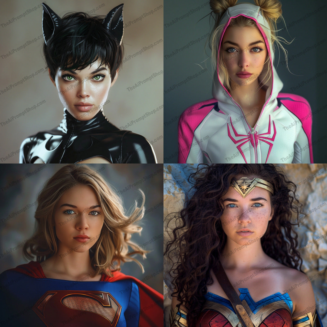 Stylish superhero cosplay illustration created from an AI image prompt.