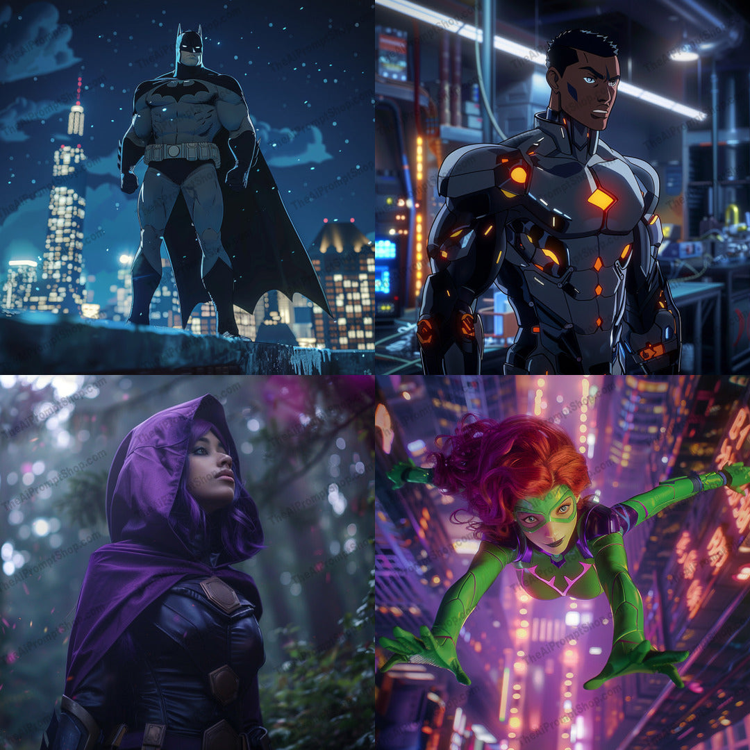 Epic Superhero Artwork AI MidJourney Image Prompt, 8405action, action-packed, adventure, adventures, Ai, Ai Image Prompt, Animation & Cartoons, artwork, cityscape, detailed, dynamic, epic, exciting, formidable, futuristic, heroic, Image Prompt, midjourney, night-time, powerful, presence, Prompt, superhero, textures, vibrant, visual