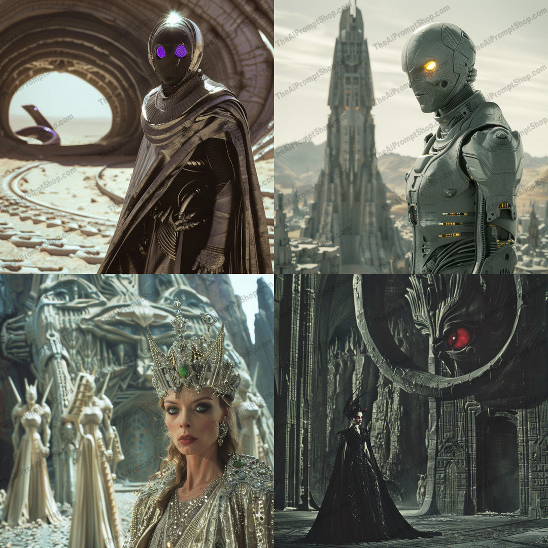 Futuristic Sovereign Chronicles AI MidJourney Image Prompt, 8406advanced robot, Ai, Ai Image Prompt, cloaked figure, cutting-edge technology, cybernetic, desert landscape, dramatic, dystopian, Fantasy, futuristic, futuristic medieval, glowing eye, Image Prompt, majestic hall, midjourney, ornate apparel, Prompt, regal characters, robot, royalty, sci-fi, stark architecture, technological designs, visionary