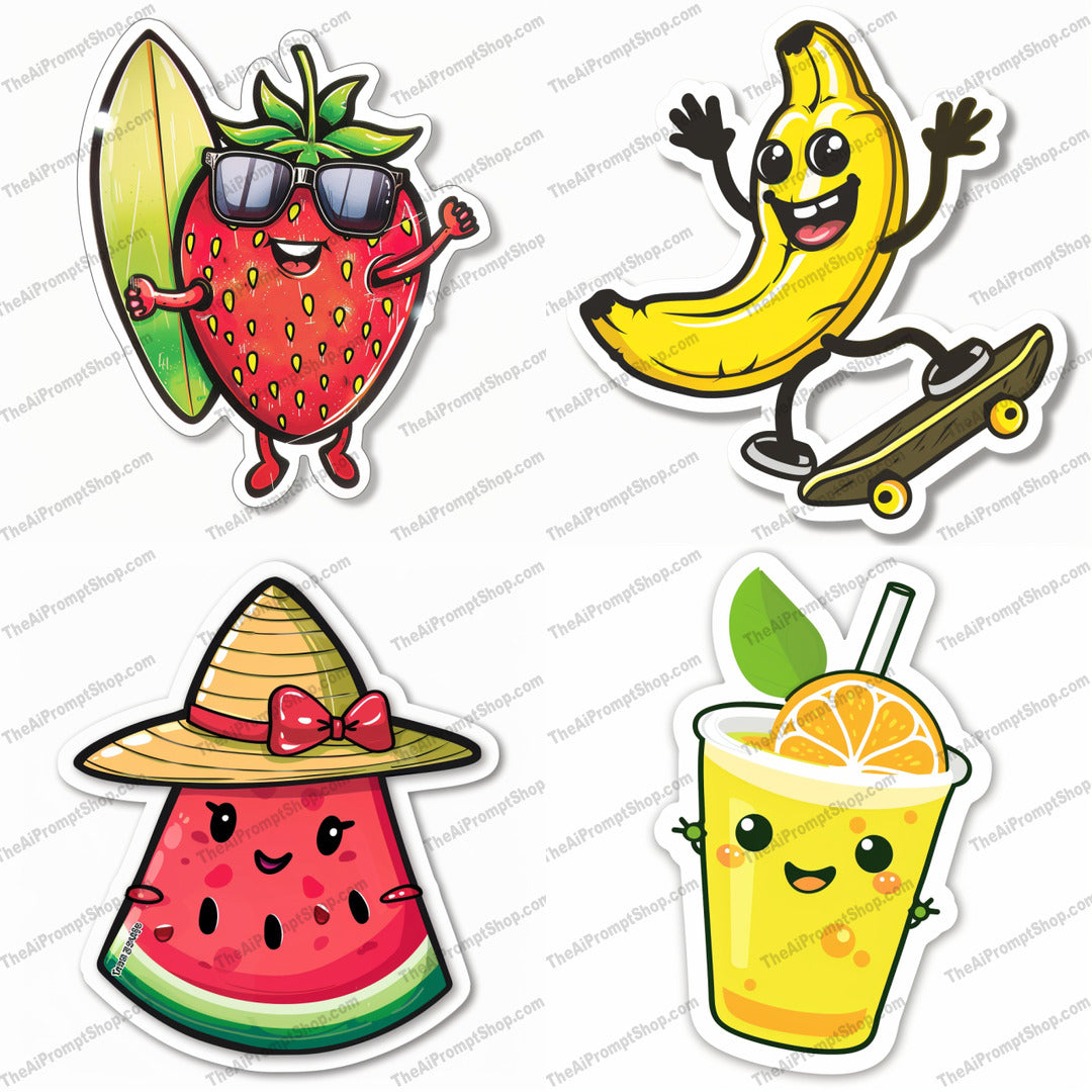 Cute fruit characters illustration in a playful style created from an AI image prompt.