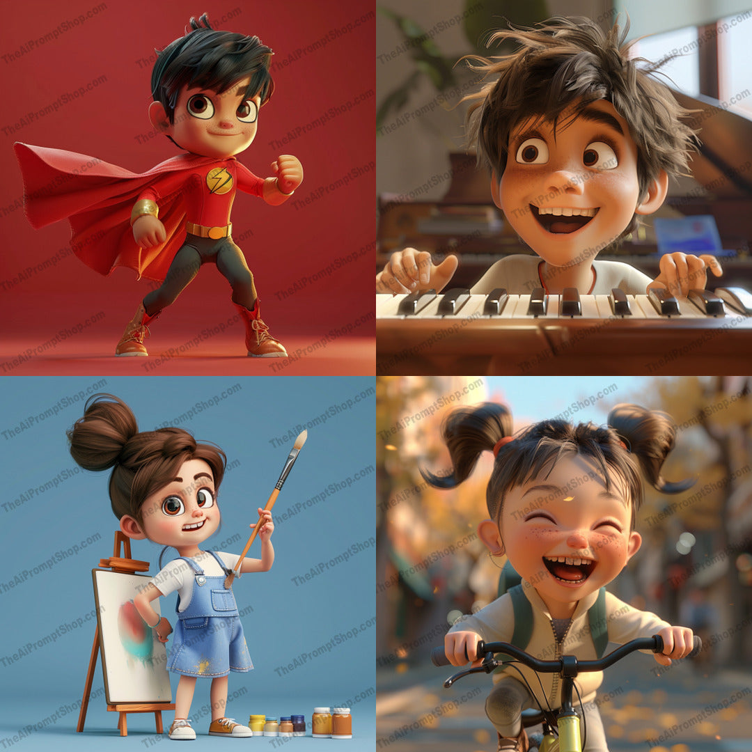 3D Kids' Activities AI MidJourney Image Prompt, 8412 — Create 3D children activity artwork featuring expressive kids, playful movement, colorful settings,… — cover image