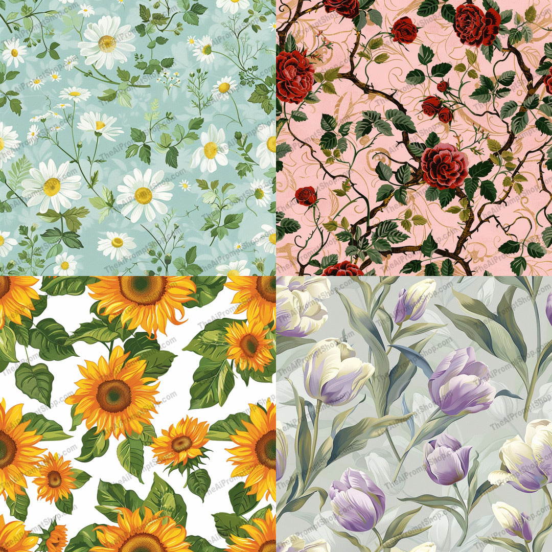 Floral Pattern Artwork AI MidJourney Image Prompt, 8414Ai, Ai Image Prompt, art, artwork, beauty, colorful, daisies, decor, design, detailed, elegant, floral, Florals, flowers, home decor, illustration, Image Prompt, midjourney, nature, nature-inspired, pattern, Prompt, roses, sunflowers, tulips, vivid