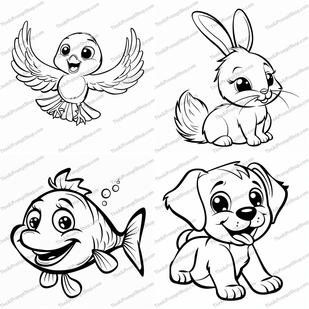 Cute Animal Cartoon AI MidJourney Image Prompt, 8416adorable characters, Ai, Ai Image Prompt, animal art, art for kids, bird, cartoon animals, cheerful art, children's illustration, Coloring Pages, cute animals, dog, fantasy animals, fish, happy animals, Image Prompt, joyful drawing, kid-friendly, midjourney, nursery decor, playful design, Prompt, rabbit, storybook illustration, whimsical art, youthful illustration