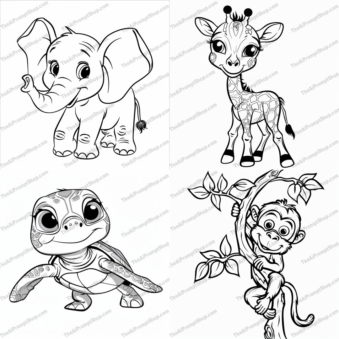 Adorable Baby Animal Illustration AI MidJourney Image Prompt, 8417adorable, Ai, Ai Image Prompt, animal drawing, animal lovers, art for kids, artwork, baby animal, black and white, cartoon style, childrens art, Coloring Pages, cute illustration, detailed illustration, fun, heartwarming, Image Prompt, innocent, kids room, midjourney, nursery decor, playful, Prompt, sweet, wildlife, young animal