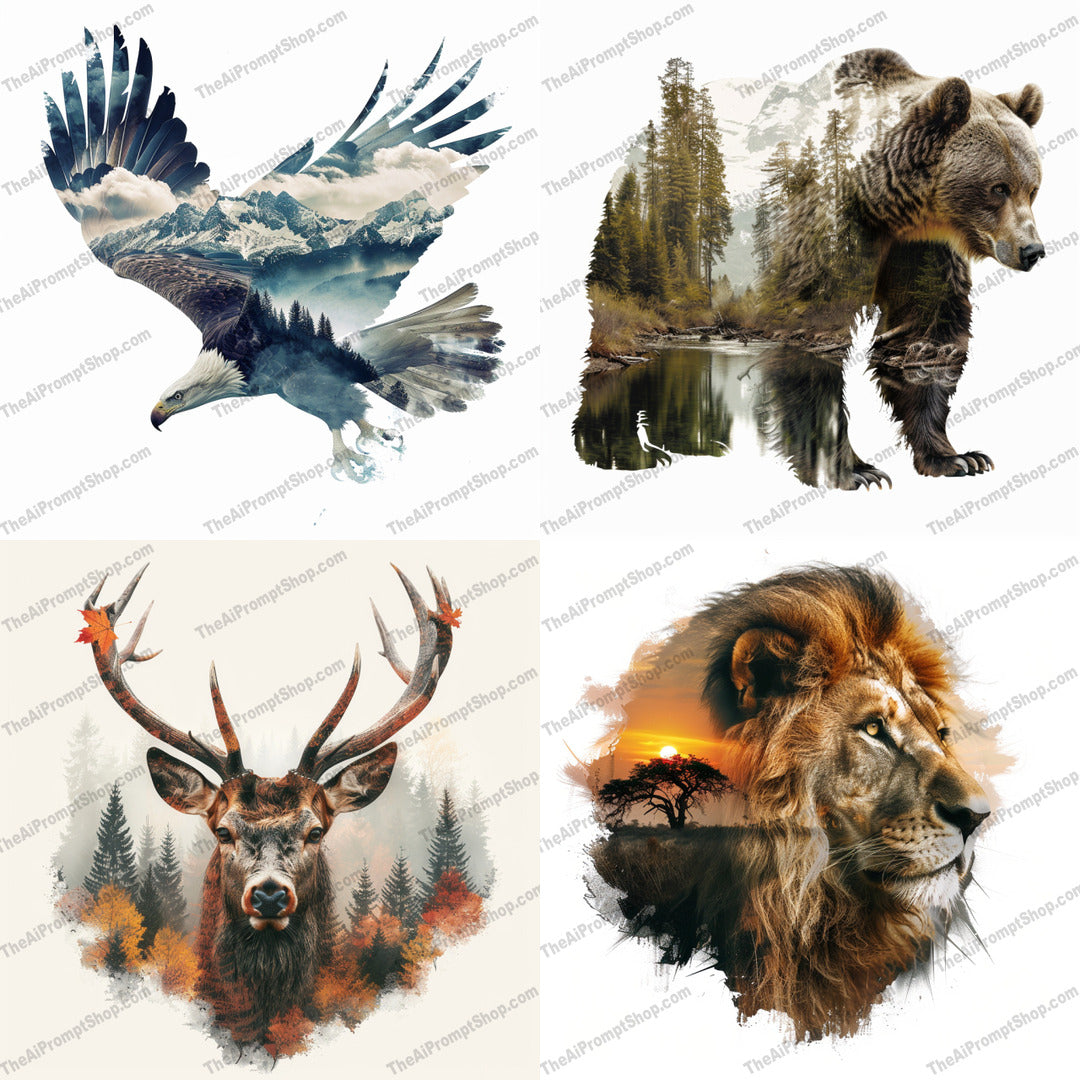 Wildlife Double Exposure Art AI MidJourney Image Prompt, 8420Ai, Ai Image Prompt, Animals, art, artistic, bear, breathtaking, creative, deer, detailed, double exposure, eagle, forest, illustration, Image Prompt, landscape, lion, majestic, midjourney, mountains, nature, Prompt, sunset, wilderness, wildlife