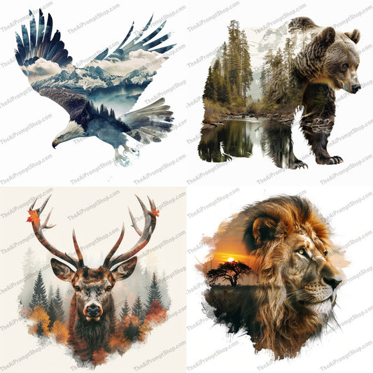 Wildlife Double Exposure Art AI MidJourney Image Prompt, 8420Ai, Ai Image Prompt, Animals, art, artistic, bear, breathtaking, creative, deer, detailed, double exposure, eagle, forest, illustration, Image Prompt, landscape, lion, majestic, midjourney, mountains, nature, Prompt, sunset, wilderness, wildlife