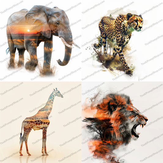 Creative Wildlife Art AI MidJourney Image Prompt, 8421Ai, Ai Image Prompt, animal, Animals, art, artistic, canvas, cheetah, creative, decoration, double exposure, elephant, gift, giraffe, habitat, homedécor, Image Prompt, lion, majestic, midjourney, nature, print, Prompt, savannah, watercolor, wildlife