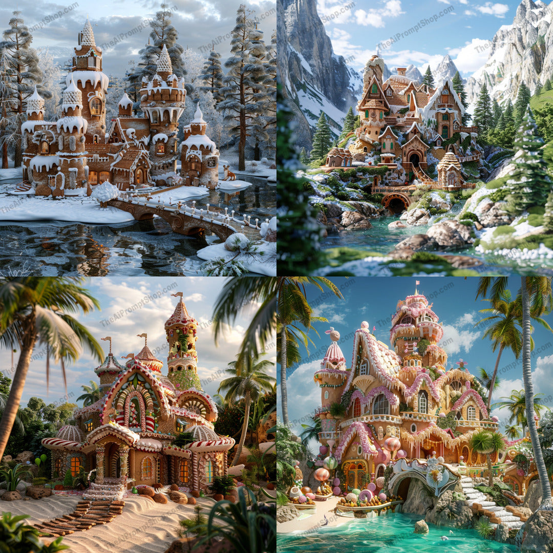 Fantasy gingerbread houses illustration in a storybook style created from an AI image prompt.