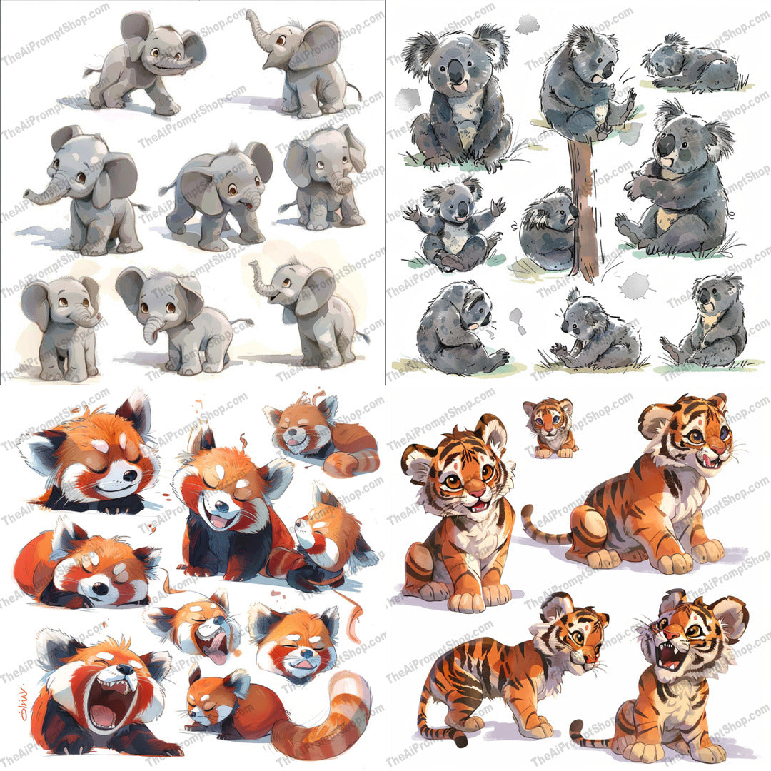 Cute Baby Animals Digital Art AI MidJourney Image Prompt, 8426adorable, Ai, Ai Image Prompt, animal drawings, Animals, artwork, baby animals, cartoon animals, charming, children's illustration, cute animals, cute elephants, digital art, hand-drawn, illustration, Image Prompt, kids art, koalas, lovable art, midjourney, nursery decor, playful animals, Prompt, red pandas, tiger cubs, whimsical art