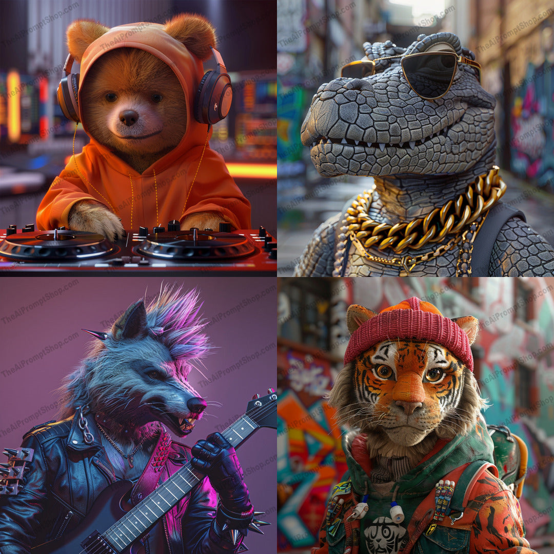Funky Animal Characters in Urban Style AI MidJourney Image Prompt, 8428Ai, Ai Image Prompt, animal character, Animals, anthropomorphic, artistic depiction, colorful background, cool character, creative art, fantasy art, fantasy character, fashionable animal, funky animal, hip hop style, Image Prompt, midjourney, modern clothing, modern fantasy, Prompt, street fashion, stylized image, trendsetting, unique design, urban art, urban style, vibrant setting