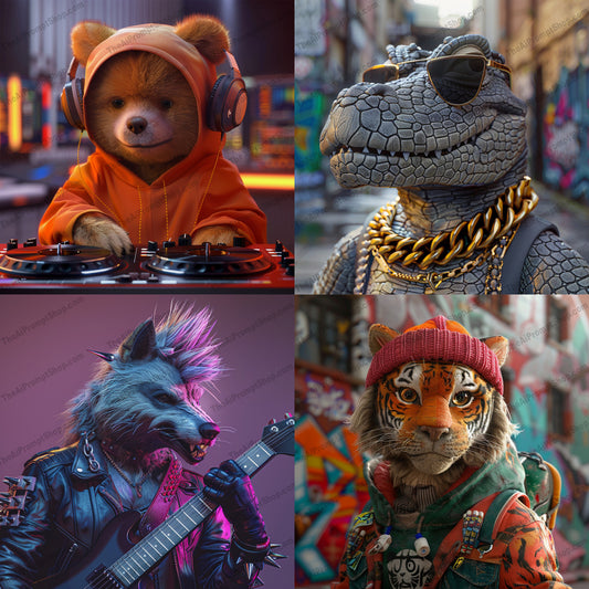 Funky Animal Characters in Urban Style AI MidJourney Image Prompt, 8428Ai, Ai Image Prompt, animal character, Animals, anthropomorphic, artistic depiction, colorful background, cool character, creative art, fantasy art, fantasy character, fashionable animal, funky animal, hip hop style, Image Prompt, midjourney, modern clothing, modern fantasy, Prompt, street fashion, stylized image, trendsetting, unique design, urban art, urban style, vibrant setting