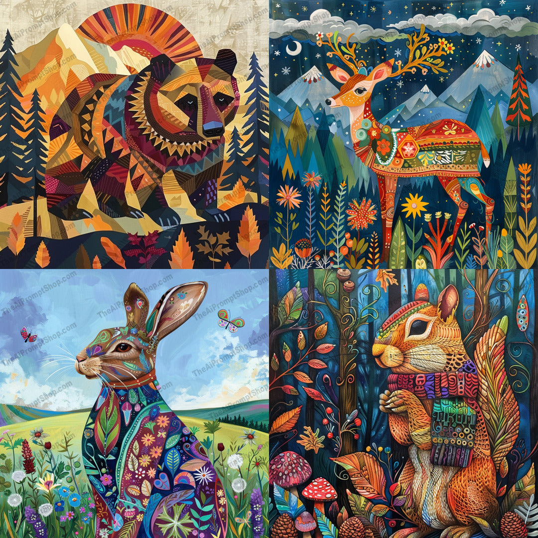 Whimsical Woodland Animals Art AI MidJourney Image Prompt, 8429Ai, Ai Image Prompt, Animals, art, bear, colorful, decor, deer, details, enchanted, fantasy, forest, illustration, Image Prompt, magical, midjourney, nature, patterns, Prompt, rabbit, squirrel, vibrant, whimsical, wildlife, woodland