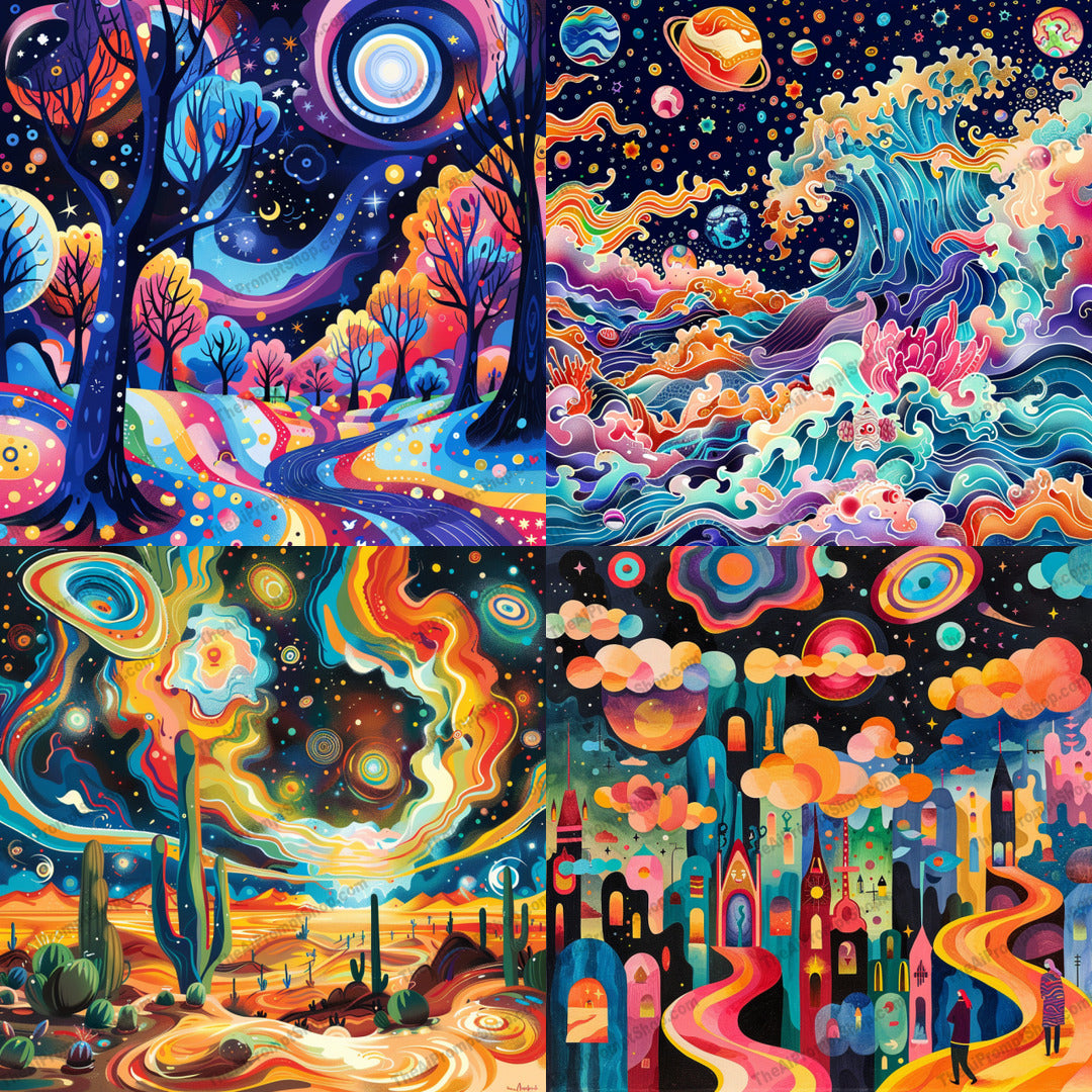Vibrant cosmic landscape illustration in a colorful style created from an AI image prompt.