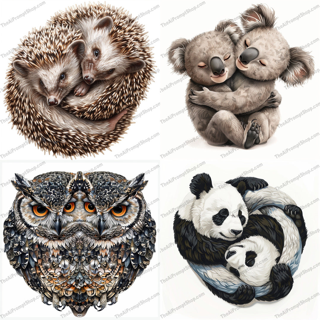 Animal Embrace Art AI MidJourney Image Prompt, 8431affection, Ai, Ai Image Prompt, animal, animal art, animal lovers, Animals, art, cozy, cute, detailed, embrace, hedgehog, illustration, Image Prompt, intricate, koala, loving, midjourney, nature, owl, panda, Prompt, realism, warmth, whimsical, wildlife