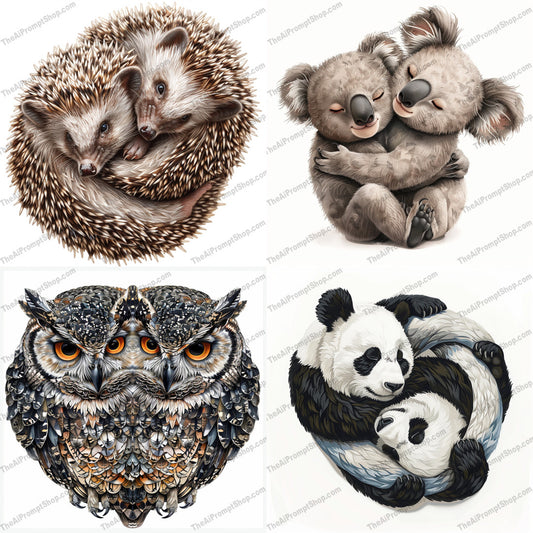 Animal Embrace Art AI MidJourney Image Prompt, 8431affection, Ai, Ai Image Prompt, animal, animal art, animal lovers, Animals, art, cozy, cute, detailed, embrace, hedgehog, illustration, Image Prompt, intricate, koala, loving, midjourney, nature, owl, panda, Prompt, realism, warmth, whimsical, wildlife