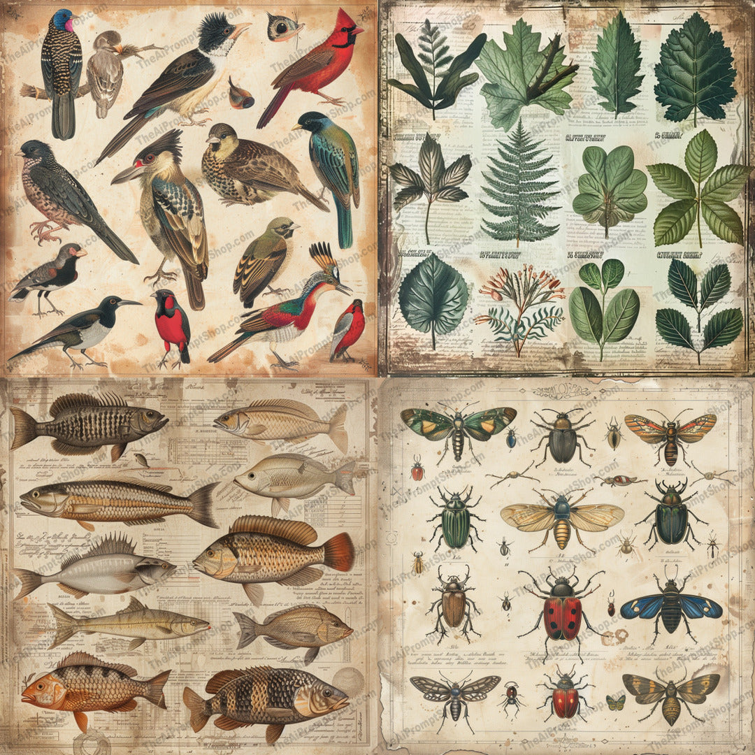 Vintage Natural History Illustration AI MidJourney Image Prompt, 8433Ai, Ai Image Prompt, antique, art, artistic, biology, birds, colorful, detailed, educational, fauna, fish, flora, Florals, historic, illustration, Image Prompt, insects, leaves, midjourney, natural history, nature, Prompt, scientific, vintage, wildlife