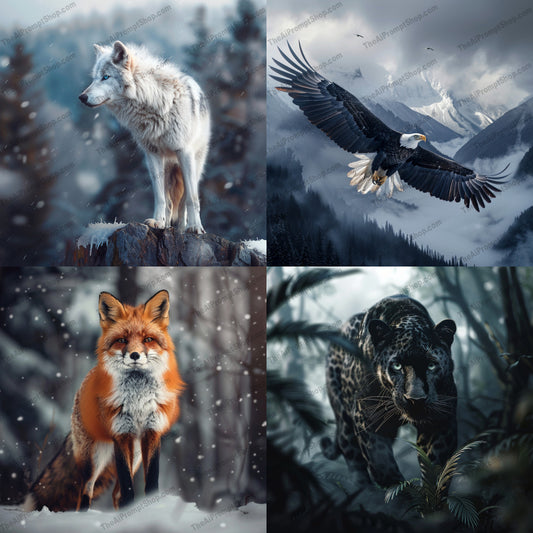 Majestic Wildlife Scene AI MidJourney Image Prompt, 8434Ai, Ai Image Prompt, Animals, artwork, detailed, digital art, eagle, forest, fox, high-definition, Image Prompt, jungle, majestic, midjourney, mist, mountains, mystical, natural habitat, nature, panther, Prompt, realistic, snow, wildlife, wolf