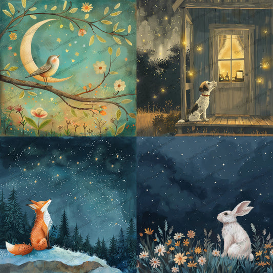 Whimsical Nocturnal Illustration AI MidJourney Image Prompt, 8435Ai, Ai Image Prompt, animal, Animals, artwork, charming, decorative, dreamlike, enchanting, fantasy, flora, illustration, Image Prompt, imaginative, midjourney, nature, night scene, nocturnal, peaceful, Prompt, realism, serene, starlit sky, tranquility, whimsical, wonder