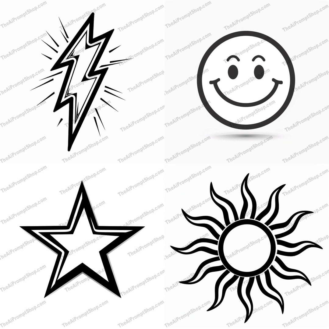 Bold Iconic Black and White Graphic AI MidJourney Image Prompt, 8437abstract, Ai, Ai Image Prompt, artistic, black and white, bold, clean lines, eye-catching, graphic design, iconic symbols, Image Prompt, Isometrics & Icons, lightning bolt, midjourney, minimalistic, modern, monochrome, Prompt, simple, smiley face, star, striking contrast, stylish, sun, unique, versatile