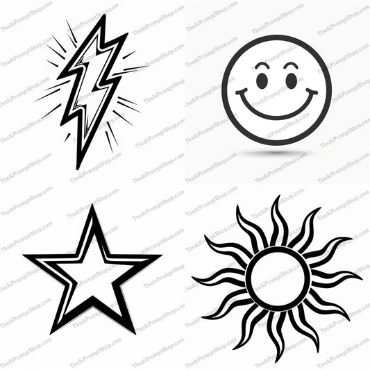 Bold Iconic Black and White Graphic AI MidJourney Image Prompt, 8437abstract, Ai, Ai Image Prompt, artistic, black and white, bold, clean lines, eye-catching, graphic design, iconic symbols, Image Prompt, Isometrics & Icons, lightning bolt, midjourney, minimalistic, modern, monochrome, Prompt, simple, smiley face, star, striking contrast, stylish, sun, unique, versatile