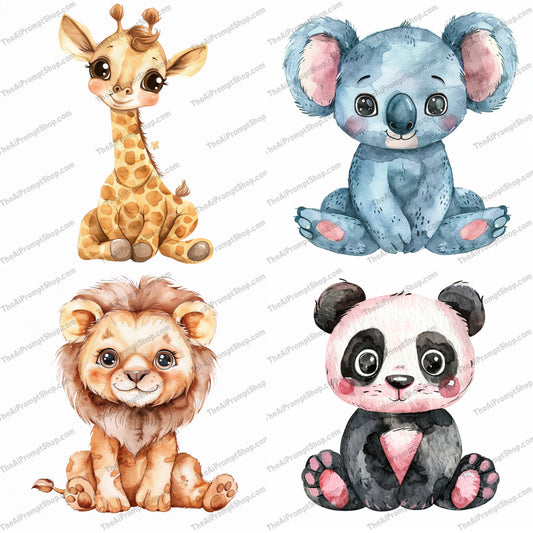Adorable Watercolor Baby Animals AI MidJourney Image Prompt, 8438adorable, Ai, Ai Image Prompt, animal lovers, Animals, art, baby animals, cartoon style, child friendly, cute, gentle, giraffe, illustration, Image Prompt, kids decor, koala, lion, midjourney, nursery, panda, playful, Prompt, soft colors, sweet, watercolor, whimsical