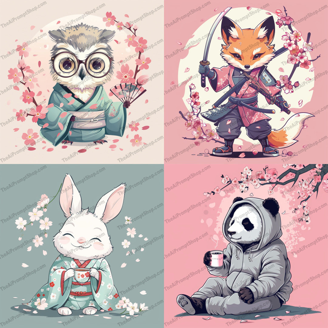 Cute animal characters with cherry blossoms illustration created from an AI image prompt.