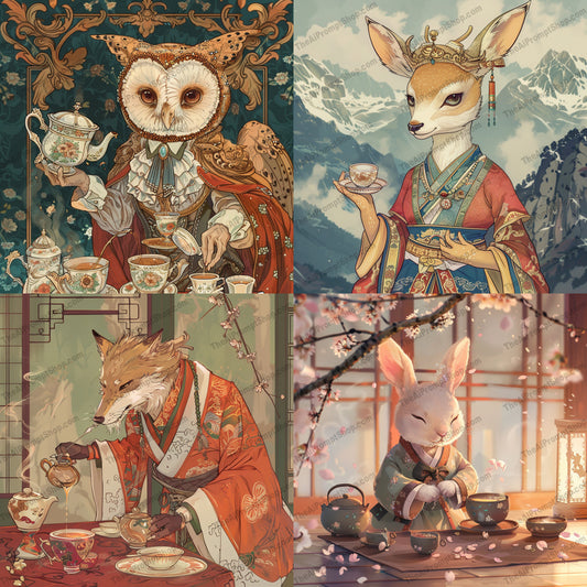 Elegant Anthropomorphic Tea Party AI MidJourney Image Prompt, 8441Ai, Ai Image Prompt, animal figures, Animals, anthropomorphic, artistic, charming, decorative, detailed art, elegant, enchanting, exquisite, fantasy style, Image Prompt, intricate, midjourney, Prompt, refined, rich colors, sophisticated, stylized animals, tea party, themed party, traditional attire, visual experience, whimsical