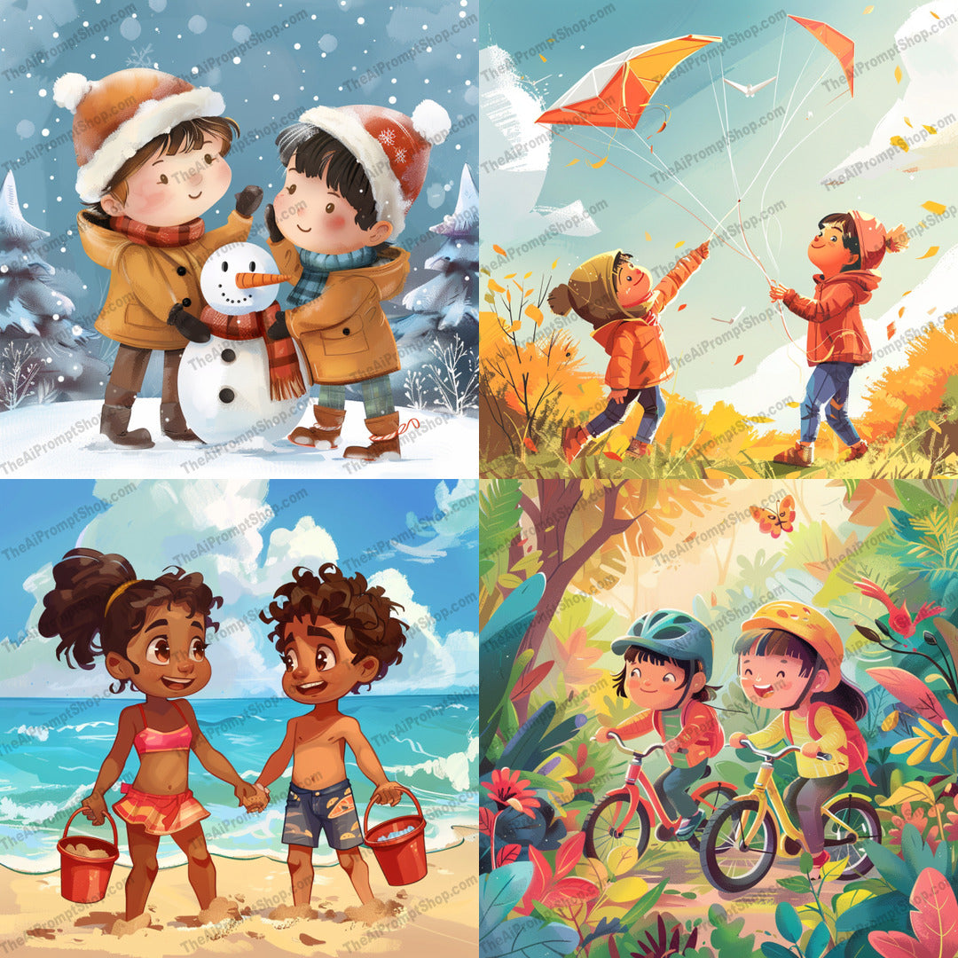 Seasonal Child Play AI MidJourney Image Prompt, 8442activity, Ai, Ai Image Prompt, Animation & Cartoons, autumn, beach, biking, childhood, children, colorful, digital art, fun, illustration, Image Prompt, joy, kite flying, midjourney, nature, outdoor, playful, Prompt, seasonal, snowman, spring, summer, winter