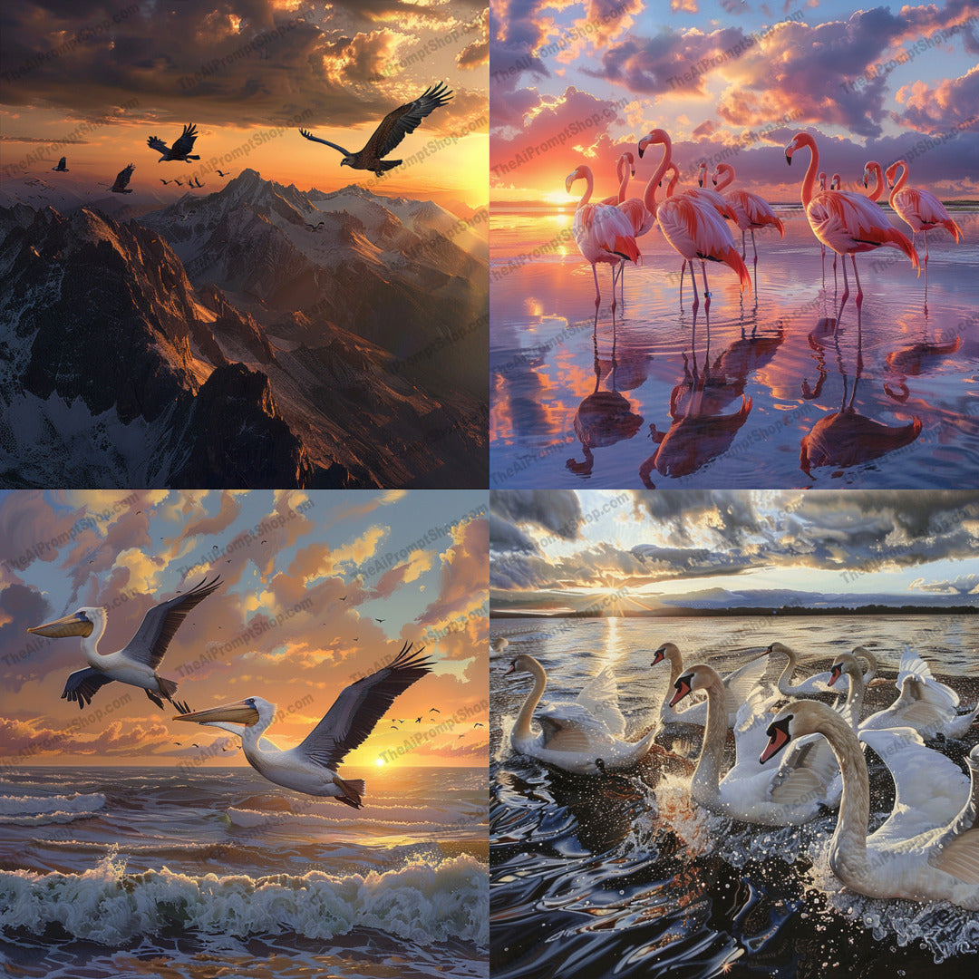Nature's Majesty at Sunset AI MidJourney Image Prompt, 8443Ai, Ai Image Prompt, Animals, artwork, beauty, birds, calm, clouds, elegant, flamingos, flight, Image Prompt, landscape, majestic, midjourney, mountains, natural backdrops, nature, pelicans, picturesque, Prompt, reflection, serene, sky, sunset, swans, tranquil, water, wildlife