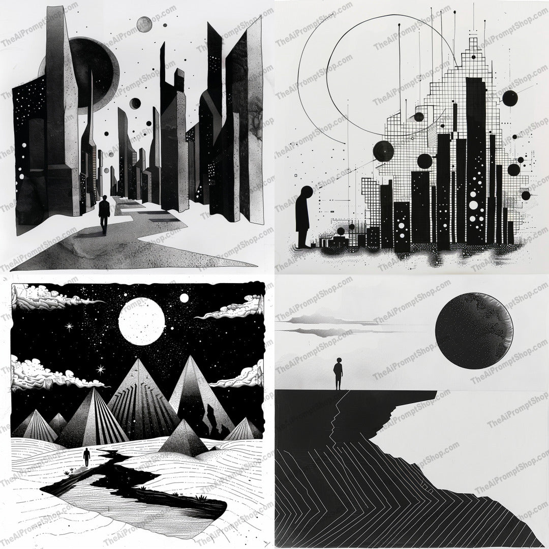 Black and white surreal landscape illustration created from an AI image prompt.