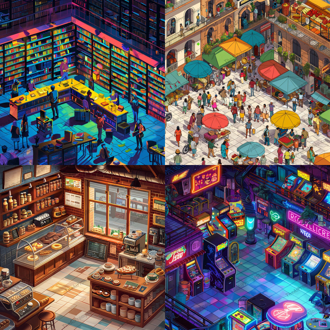 Vibrant Urban Scenes AI MidJourney Image Prompt, 8447Ai, Ai Image Prompt, Animation & Cartoons, arcade, atmosphere, bookstore, busy, cafe, city, cityscape, colorful, detail, energy, illustration, Image Prompt, library, lively, market, midjourney, neon, Prompt, restaurant, rich, shops, urban, vibrant