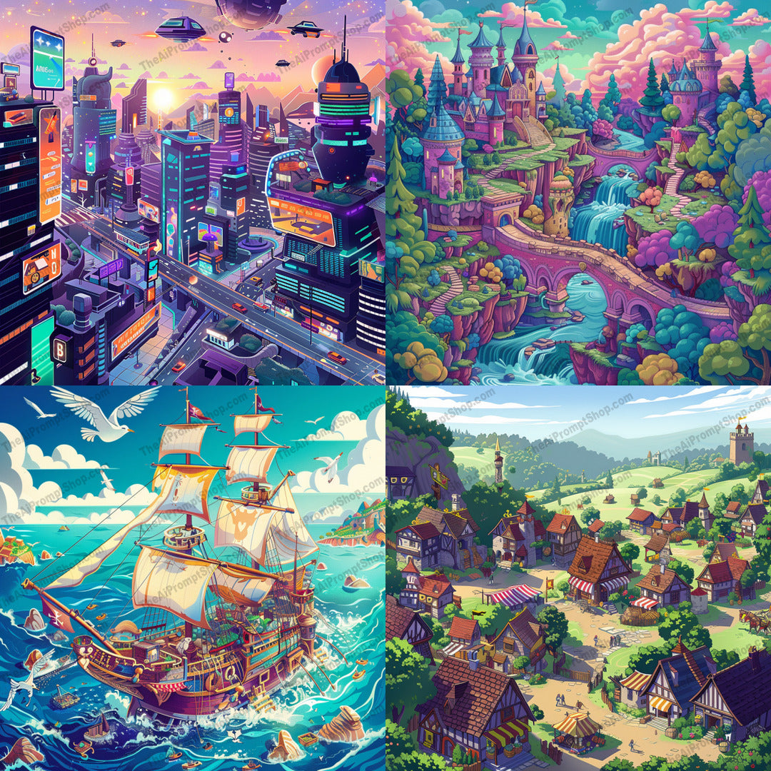 Vibrant fantasy and sci-fi landscapes illustration in a colorful style created from an AI image prompt.