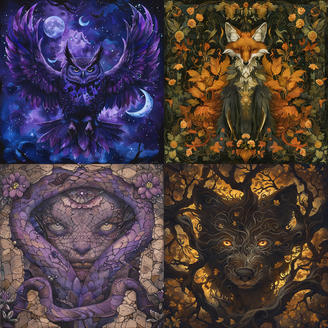 Mystical Nocturnal Animal Art AI MidJourney Image Prompt, 8451Ai, Ai Image Prompt, animal, artwork, color, creature, dark, detailed, enchanting, ethereal, Fantasy, folklore, illustration, Image Prompt, imaginative, midjourney, mystical, mythical, night, nocturnal, Prompt, surreal, vibrant, visionary, whimsical