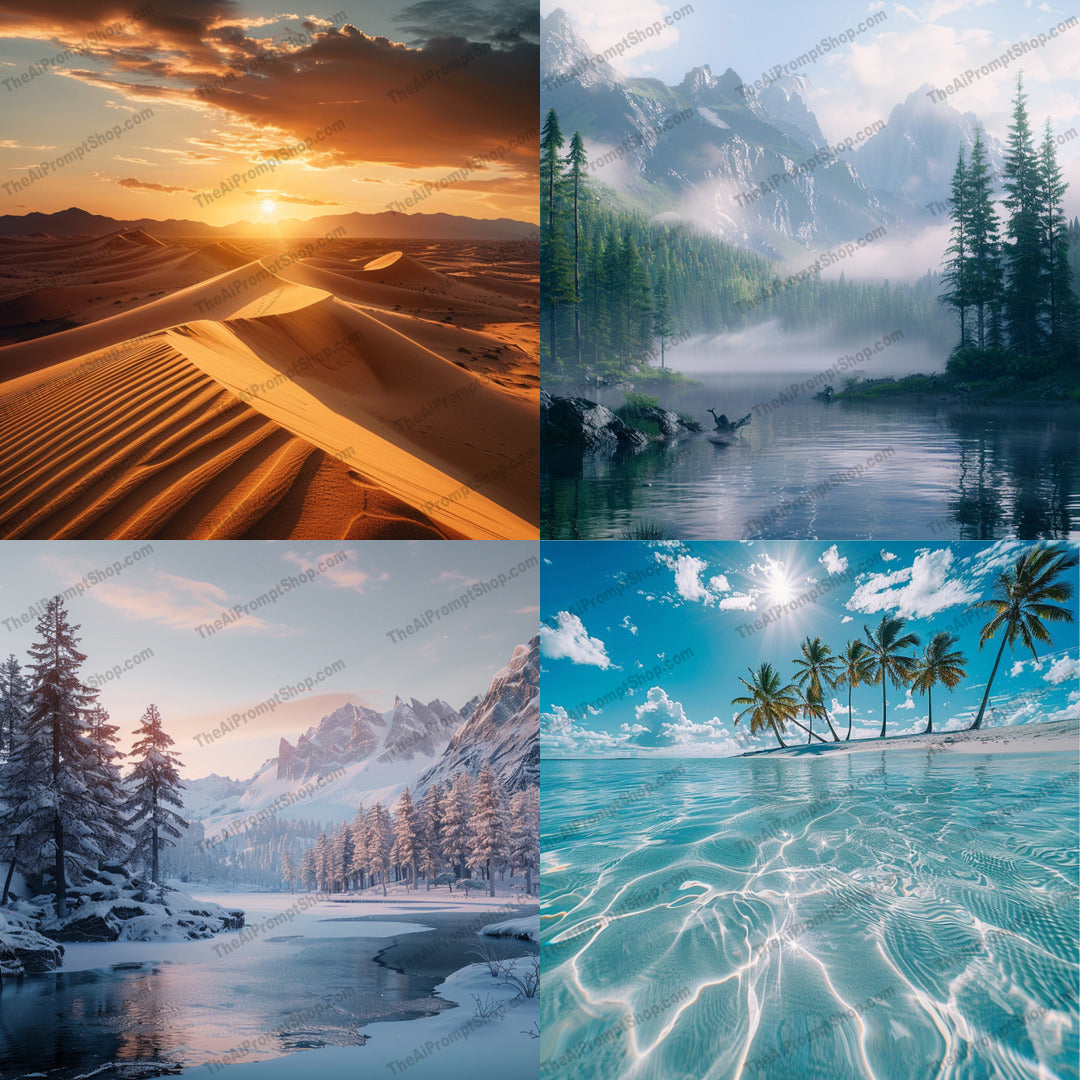 Nature's Diverse Landscapes AI MidJourney Image Prompt, 8462Ai, Ai Image Prompt, beach, desert, forest, Image Prompt, lake, landscape, Landscapes & Paintings, midjourney, mountains, nature, outdoor, Prompt, reflection, sand dunes, scenery, serene, snow, sunrise, sunset, tranquil, trees, tropical, water, wilderness