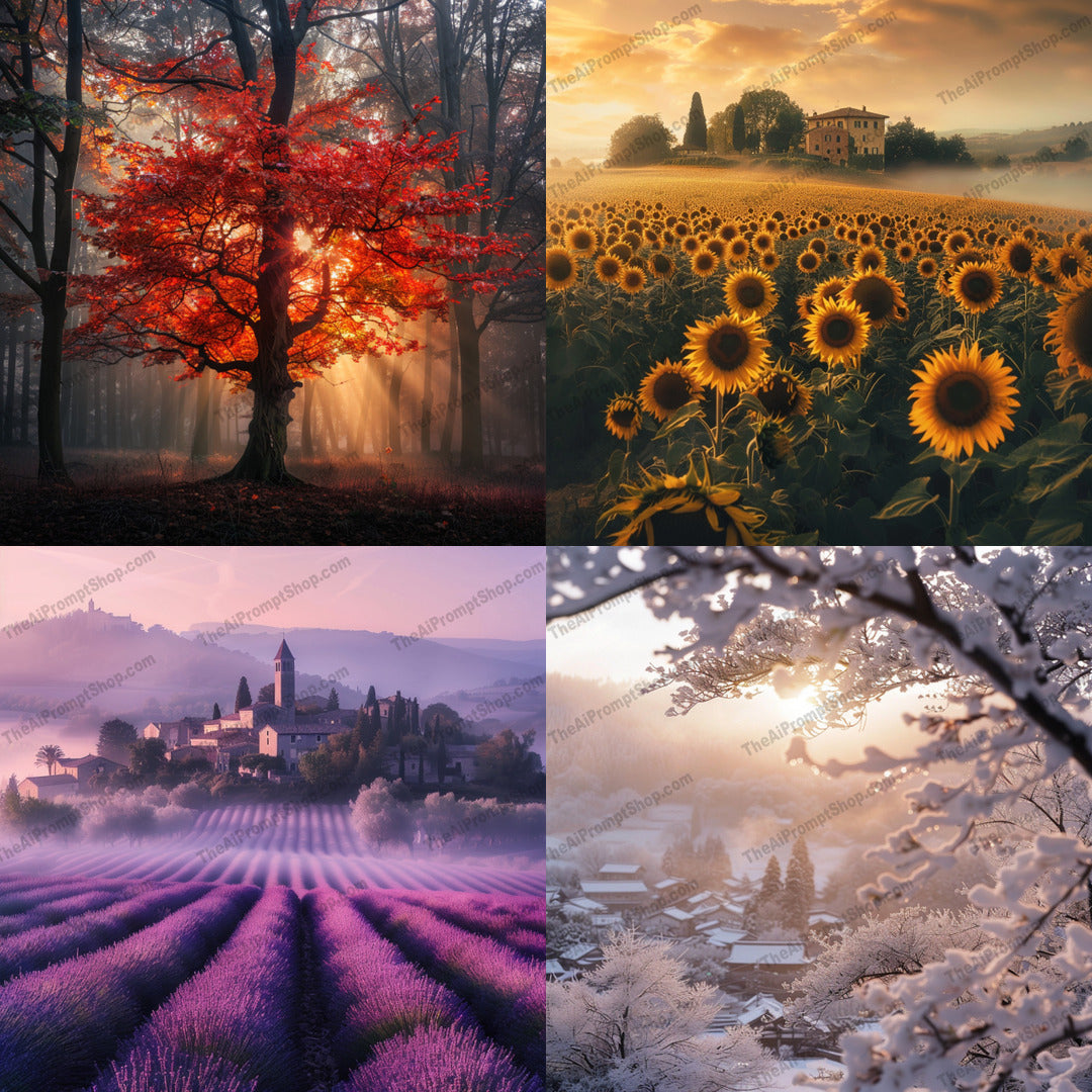 Scenic Landscape Art AI MidJourney Image Prompt, 8463Ai, Ai Image Prompt, art, beauty, captivating, charm, countryside, flowers, Image Prompt, landscape, Landscapes & Paintings, lavender, midjourney, nature, outdoors, peaceful, Prompt, red tree, scenic, seasons, serene, snow, sunflowers, sunset, tranquility, trees, vivid colors