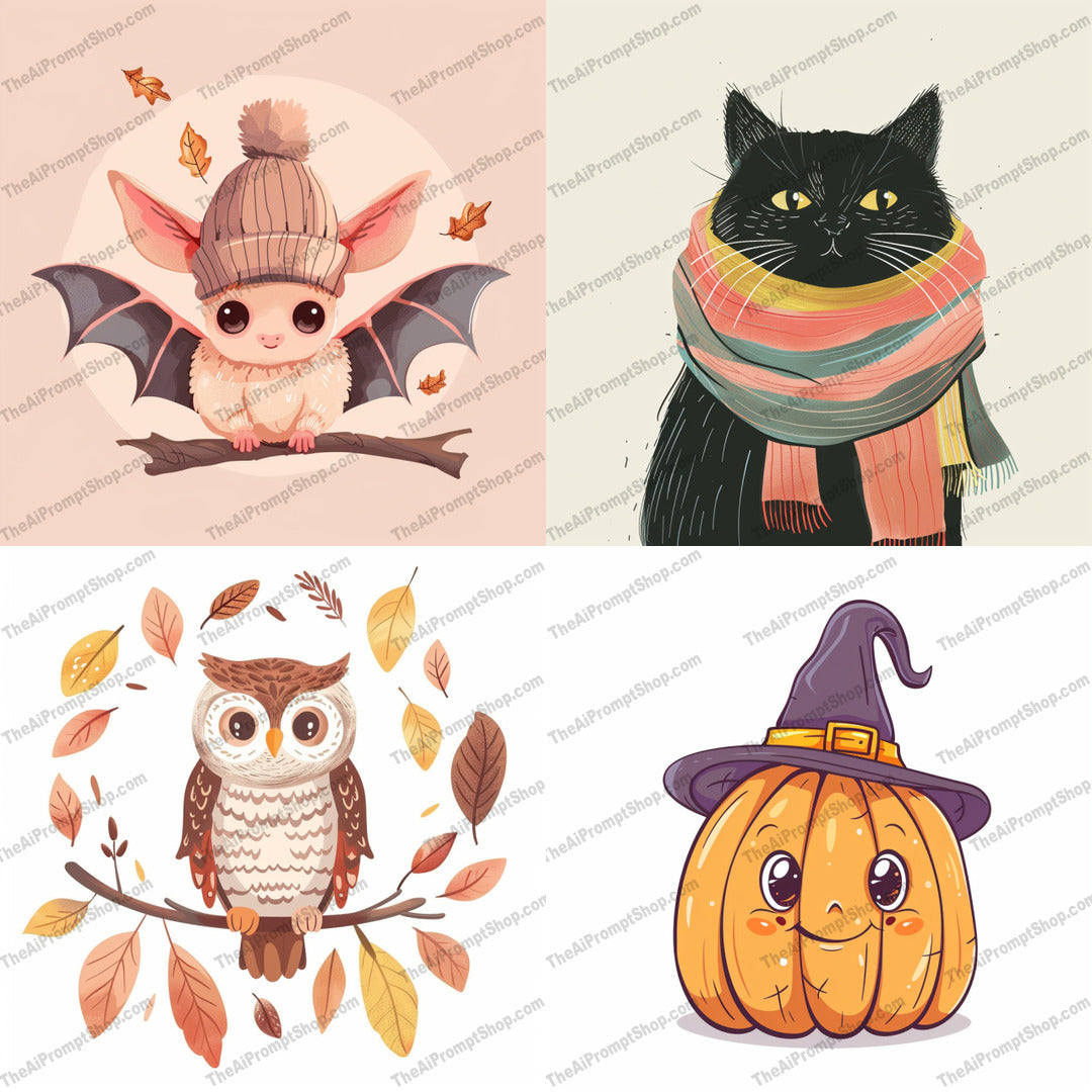 Cute Autumn Animal Art AI MidJourney Image Prompt, 8465adorable, Ai, Ai Image Prompt, art, autumn, bat, cat, cozy, cute, cute animal, fall, fall decor, halloween, Holidays, illustration, Image Prompt, leaves, midjourney, owl, pastel, Prompt, pumpkin, seasonal, soft colors, tree branch, warm scarf, whimsical