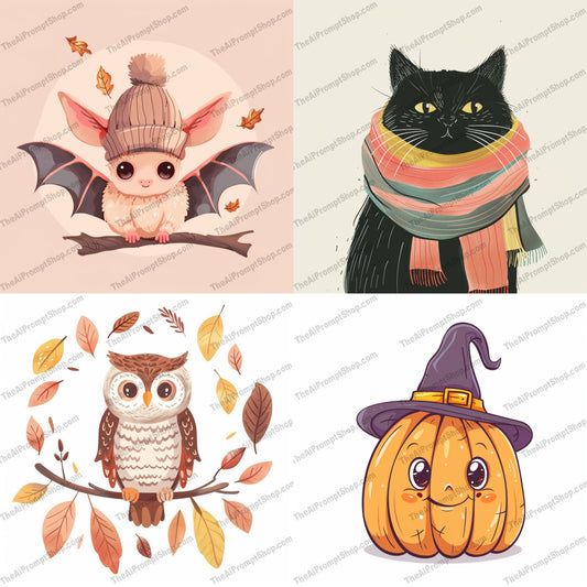 Cute Autumn Animal Art AI MidJourney Image Prompt, 8465adorable, Ai, Ai Image Prompt, art, autumn, bat, cat, cozy, cute, cute animal, fall, fall decor, halloween, Holidays, illustration, Image Prompt, leaves, midjourney, owl, pastel, Prompt, pumpkin, seasonal, soft colors, tree branch, warm scarf, whimsical