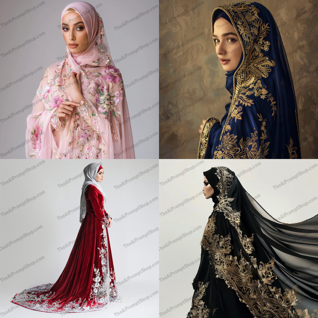 Elegant Hijabi Fashion Styles AI MidJourney Image Prompt, 8466accessories, Ai, Ai Image Prompt, chic, clothing, contemporary, couture, culture, design, elegance, embroidered, fabric, fashion, fashionista, grace, hijab, Image Prompt, luxury, midjourney, modesty, Portraits & People, Prompt, style, textiles, traditional, women