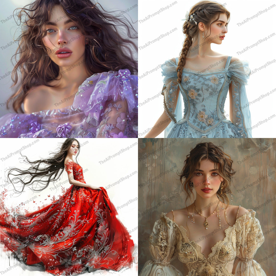 Elegant Fantasy Dresses AI MidJourney Image Prompt, 8467Ai, Ai Image Prompt, beautiful, classic, dreamy, elegant gown, embellished fabric, enchanting, ethereal, fantasy dress, feminine, fine detail, flowing fabric, glamorous, Image Prompt, intricate design, lacework, luxurious, magical, midjourney, Portraits & People, Prompt, romantic, sophisticated, vintage, whimsical