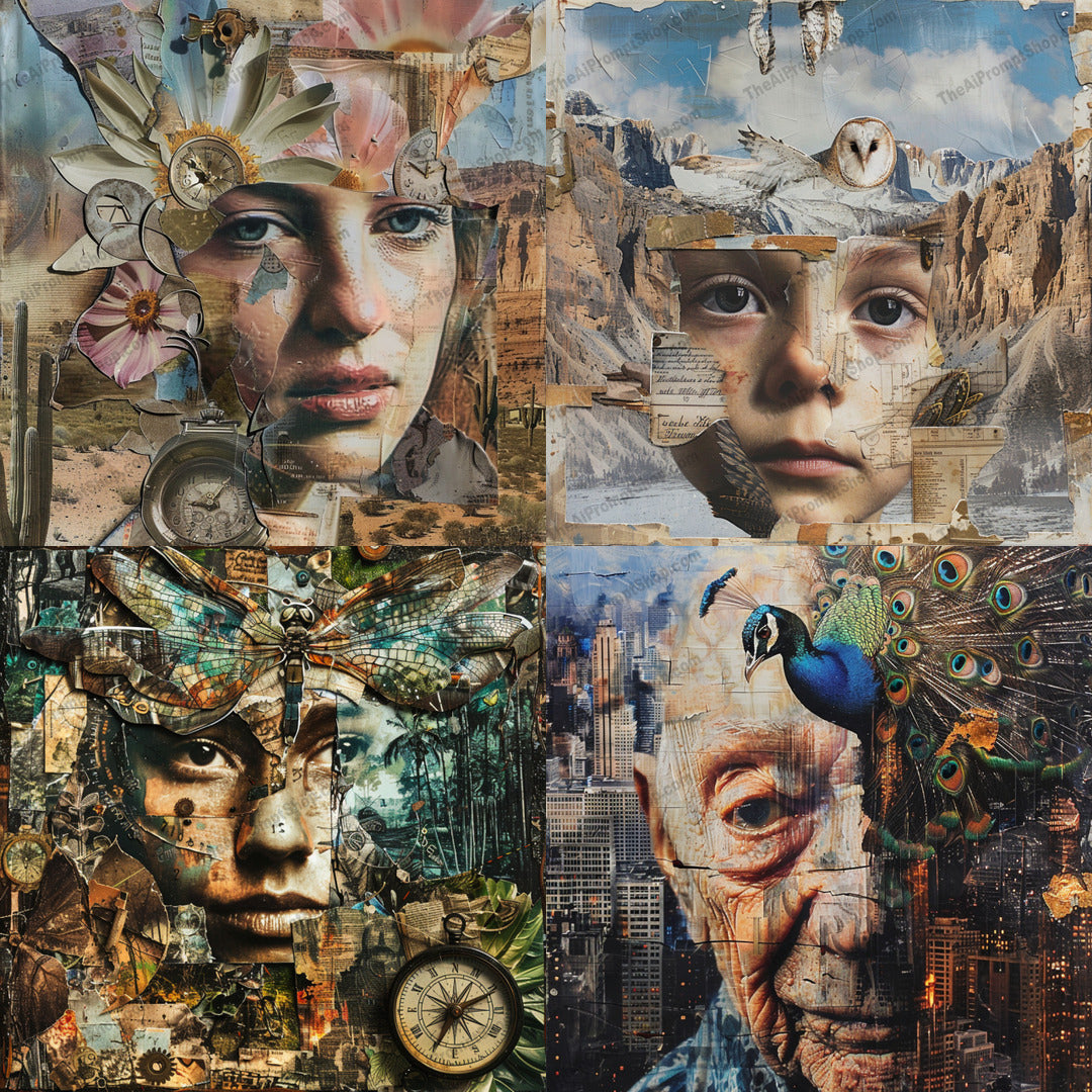 Mixed Media Collage Art AI MidJourney Image Prompt, 9352 Fantasy, midjourney, mixed media, collage, nature, wildlife, urban, art, textures, colors, visual composition, peacock, butterfly, mountains, cityscape, artistic, creative, vibrant, eye-catching, harmonious, unique, engaging, visual art, Midjourney, Ai, Ai Image Prompt, Image Prompt, Prompt