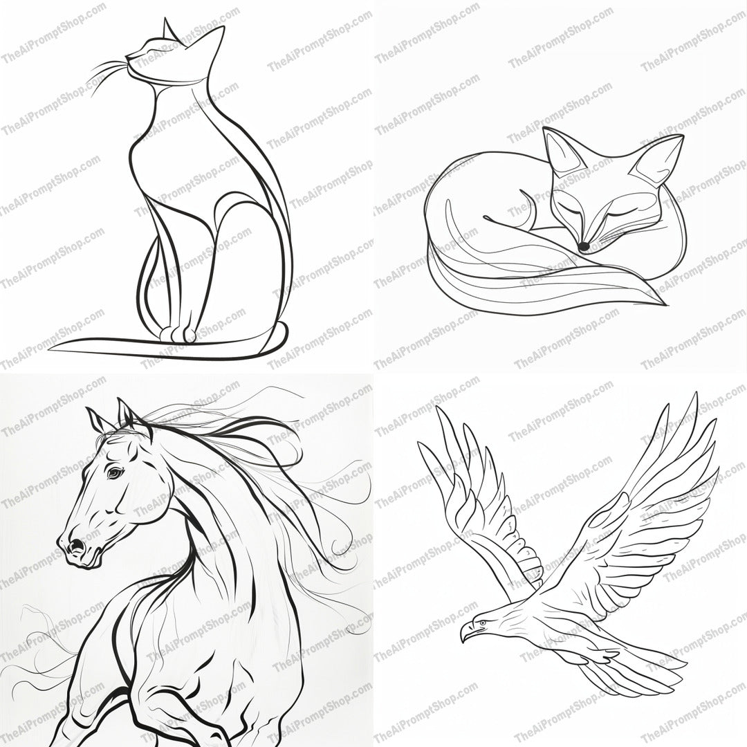 Elegant Animal Line Art AI MidJourney Image Prompt, 8811 Animals, midjourney, line art, minimalistic art, animal illustrations, elegant line art, cat art, fox art, horse art, eagle art, clean lines, graceful curves, animal lovers, art enthusiasts, decorative art, simple illustrations, animal drawings, detailed line art, art collection, modern art, black and white art, nature inspired art, Midjourney, Ai, Ai Image Prompt, Image Prompt, Prompt