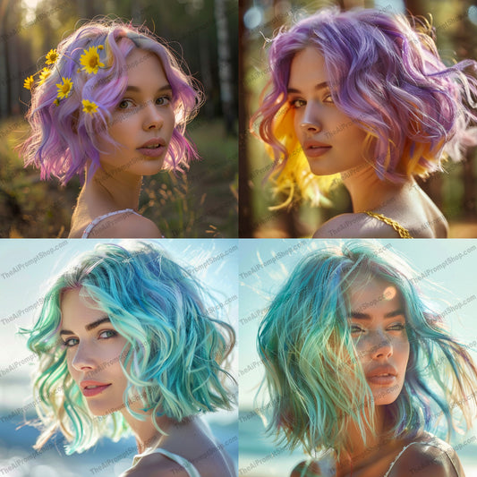 Vibrant Hair Colors in Sunlit Forest AI MidJourney Image Prompt, 9362 Portraits & People, midjourney, vibrant hair, colorful hair, pastel hair, sunlit forest, soft curls, nature background, bright colors, pastel shades, vivid hair, sun-kissed hair, nature setting, intricate hair, playful hair, soft lighting, hair art, forest glow, color blend, pastel beauty, rainbow hair, nature inspired, Midjourney, Ai, Ai Image Prompt, Image Prompt, Prompt