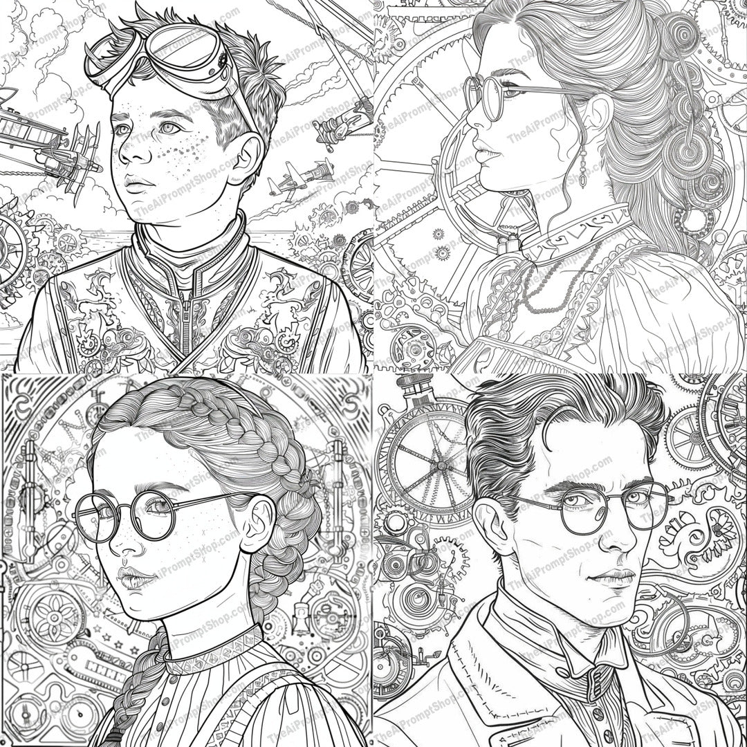 Steampunk Character Illustration AI MidJourney Image Prompt, 9649 Coloring Pages, midjourney, Steampunk, Illustration, Mechanical, Victorian Fashion, Gears, Cogs, Machinery, Detailed, Vintage, Retro, Fantasy, Science Fiction, Artwork, Line Art, Intricate, Engineering, Industrial, Clockwork, Mechanical Elements, Historic, Midjourney, Ai, Ai Image Prompt, Image Prompt, Prompt