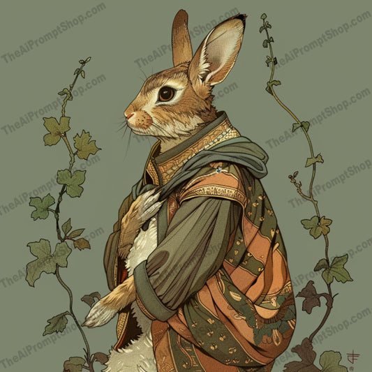 Whimsical Animal Portrait AI MidJourney Image Prompt, 8206animal lovers, anthropomorphic, art collection, charming art, decorative art, detailed, detailed illustration, enchanted, fairy tale decor, fantasy art, high-quality illustration, human-like attire, interior designmidjourney, nature, period costume, unique art, vintage style, whimsical animal portrait, woodland creatures