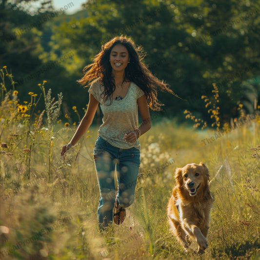 Action-Packed Adventure with Animals AI MidJourney Image Prompt, 9494 — Create cinematic action portraits of people running alongside animal companions through forests,… — product preview image 1